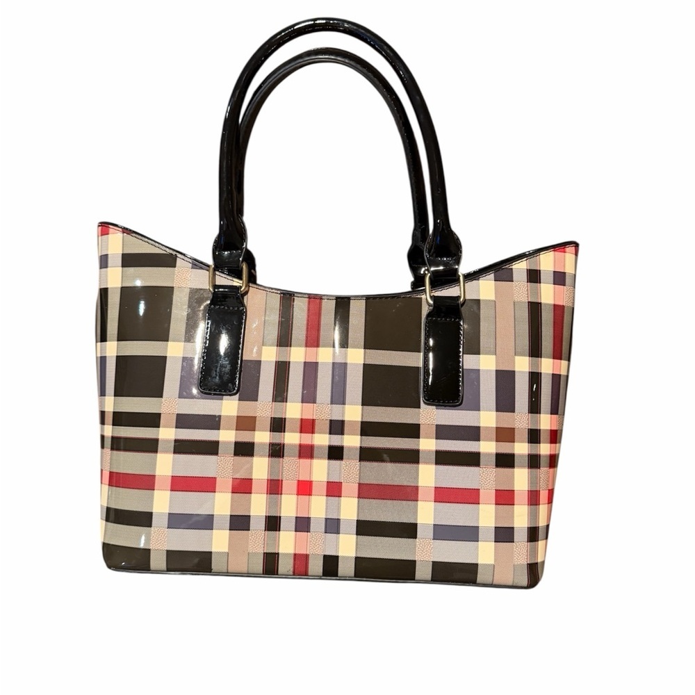 Patent Leather Plaid Fashion Tote Bag with Crossbody Strap - Picture 2 of 5